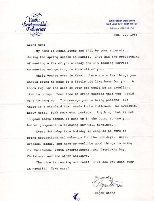 N-2 welcome letter from Regan