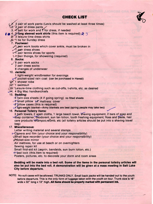 Packing check list